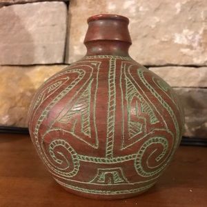 Vintage Brazilian Pottery Vase Laquered Hand Etched Design